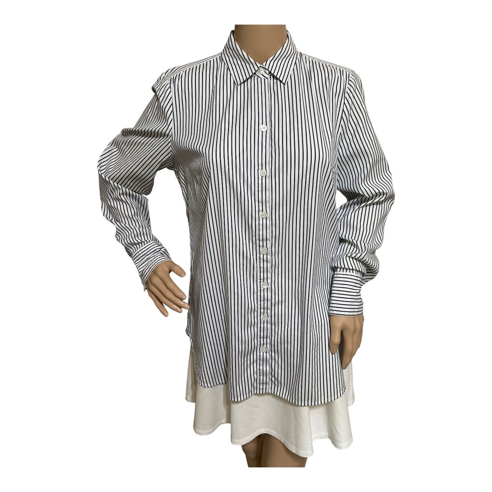 Ann Taylor Women's Striped Top Blouse 10 Blue White Long Sleeves Preppy Classic